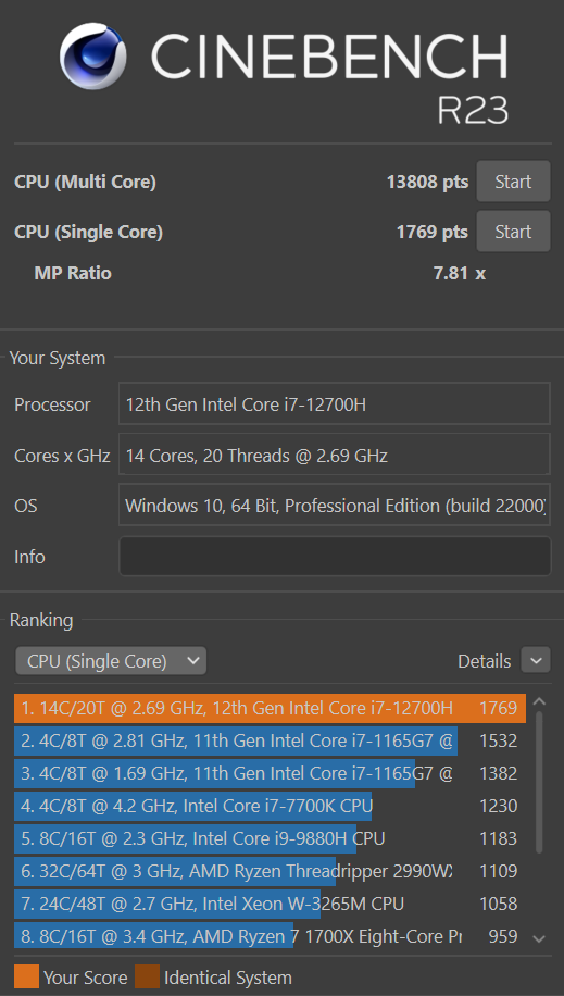  Benchmark Alienware X14 cinebench