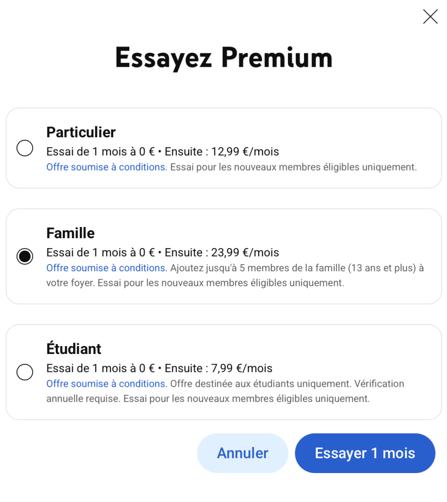 tarifs youtube premium france